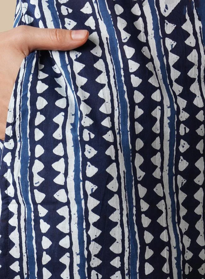 Globus  Women Blue Geometric Stripe Printed Straight Kurta and Pants Set for Women | Best Price UAE
